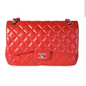 Chanel Red Quilted Lambskin Classic Jumbo Double Flap Bag